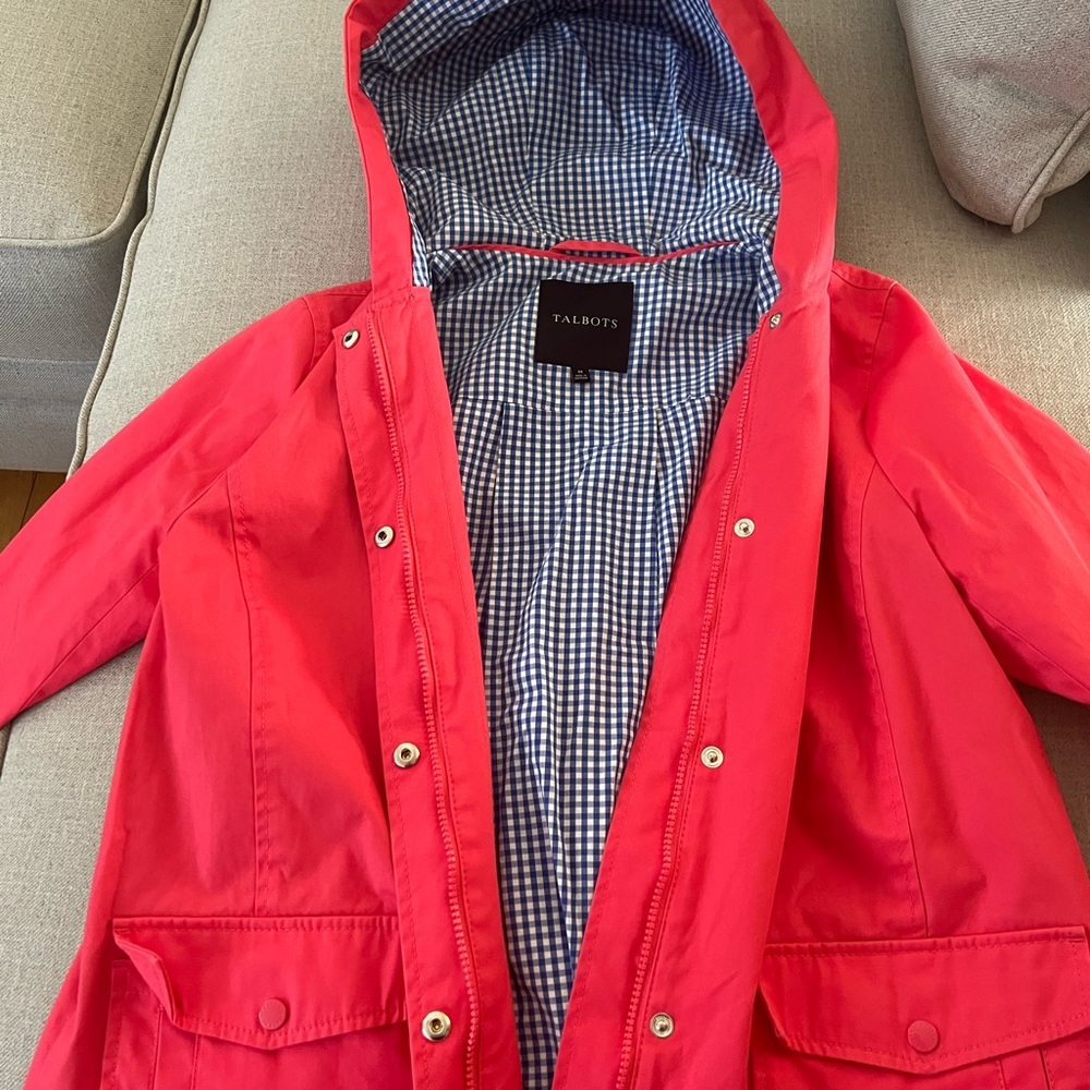 TALBOTS Pink Darling Gingham Hooded Rain Jacket Coat size Medium